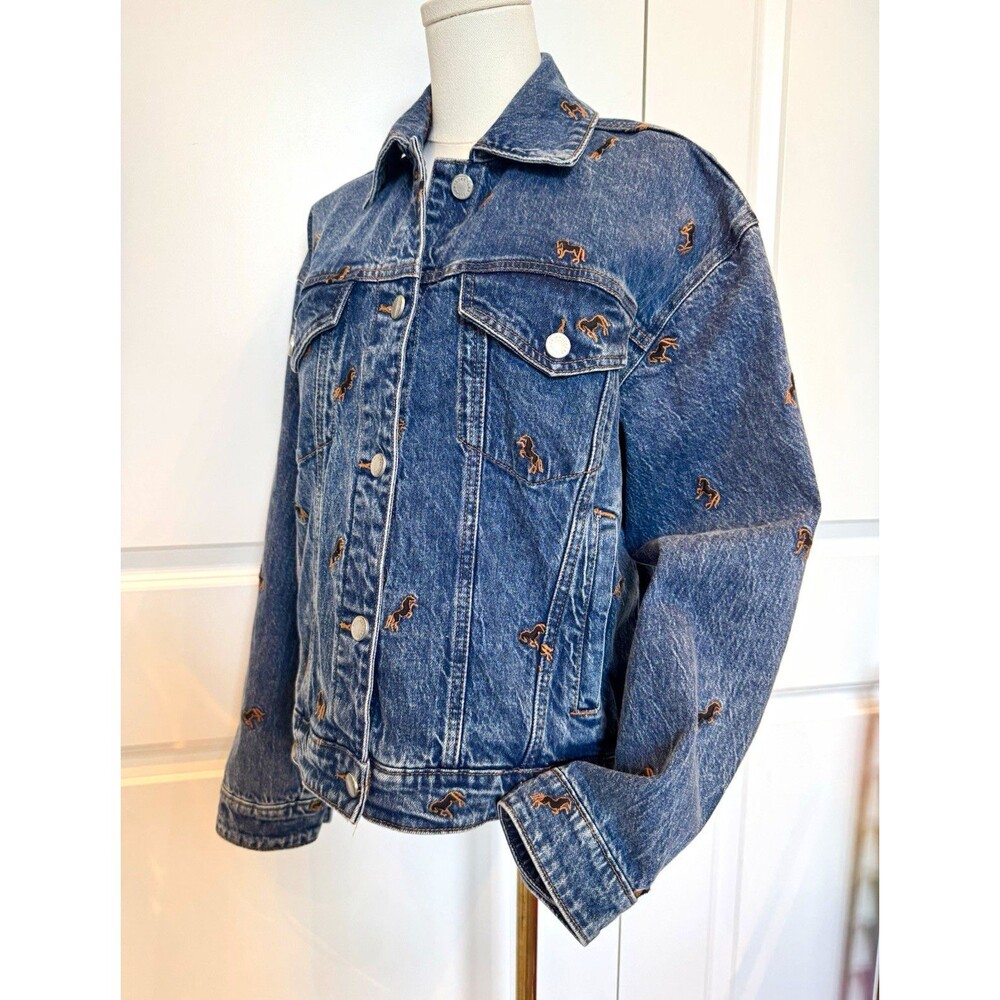 Avec Les Filles Womens Oversized Fit Small Embroidered Horse Button Jean Jacket